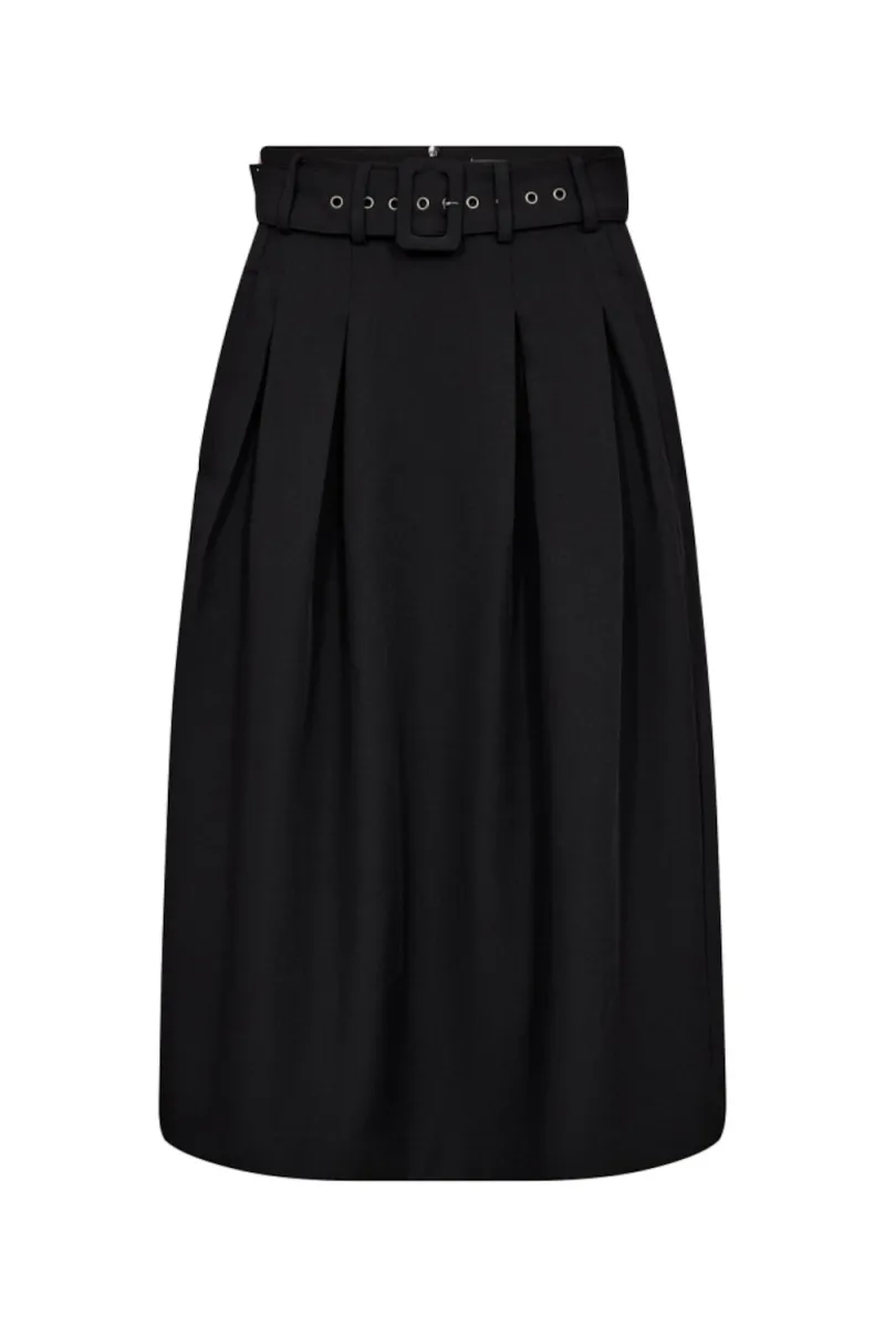 Luna Belt Midi Pleat Skirt, Black