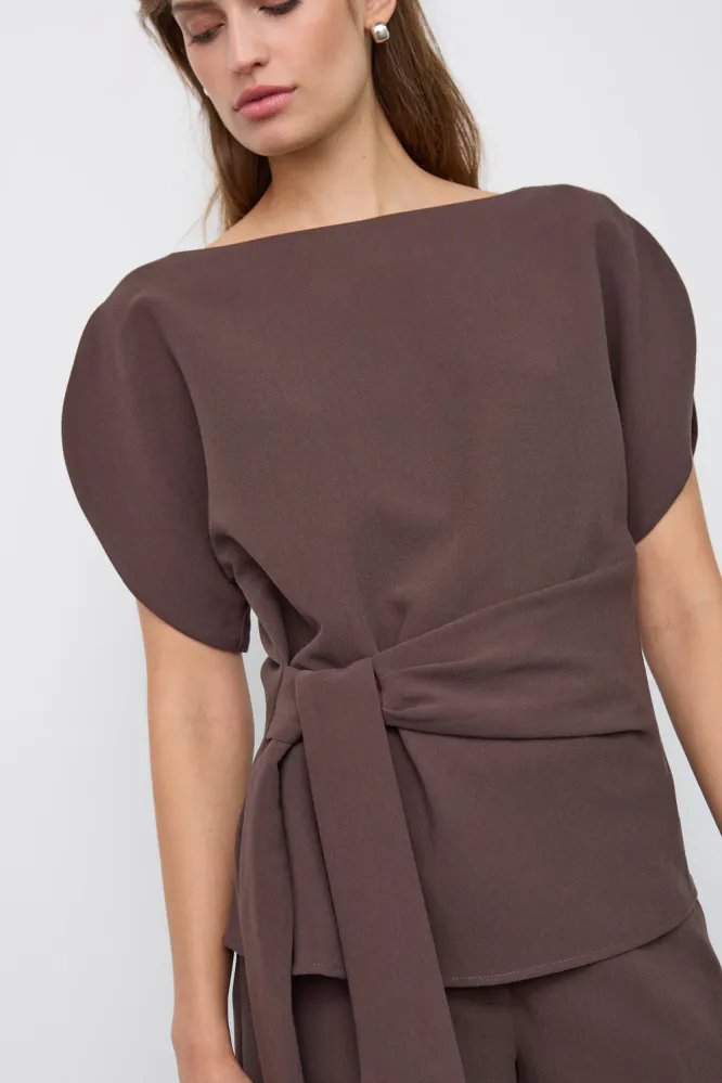 Acile Pleat SS Blouse, Brown