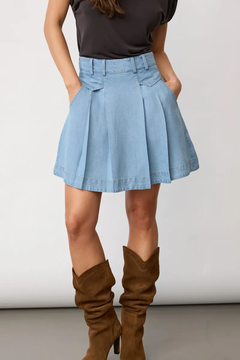 Tilly Pocket Pleat Mini Skirt, Fade Denim