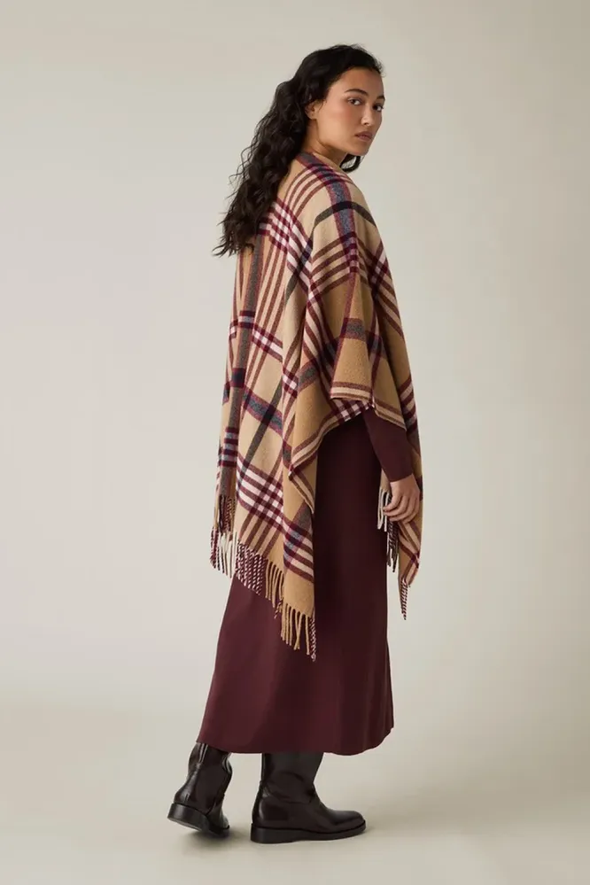 Recycled Wool Blend Poncho, Beige/Dark Red Check