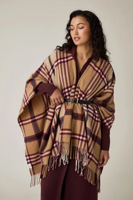 Hovedbilde Recycled Wool Blend Poncho, Beige/Dark Red Check