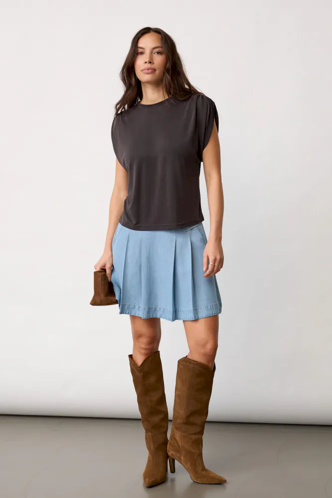 Camilla Ruched Shoulder Tee, Dark Grey