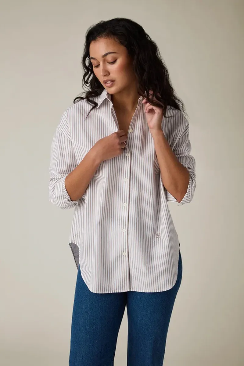 Oversized Lyocell Blend Shirt, Beige/White Stripe