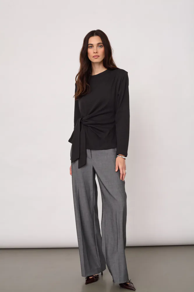Oriane LS Pleat Tie Tee, Black